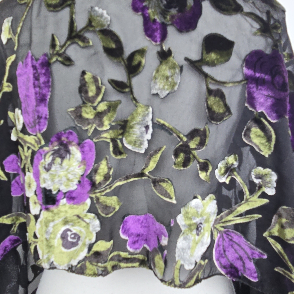 Vintage Black Velvet Burnout Floral Fringe Shawl | Wrap Boho Gothic Romantic - Picture 5 of 5